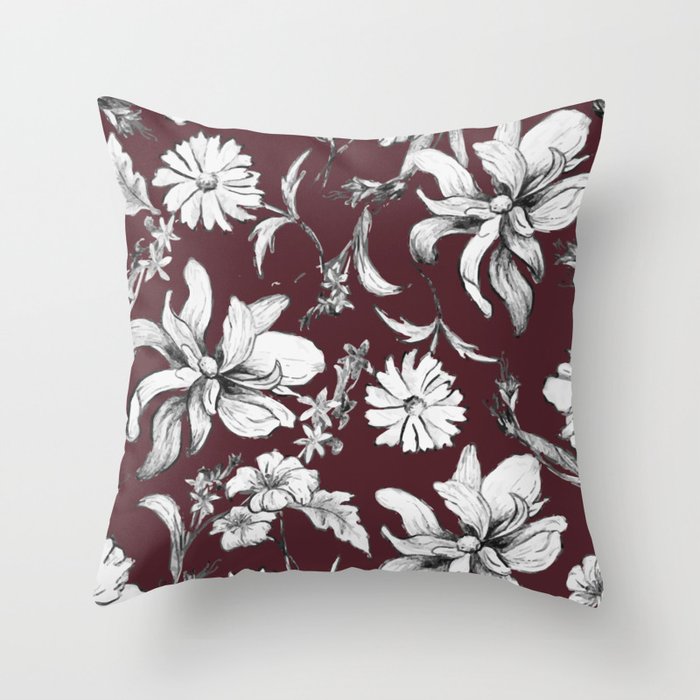 Burgundy Floral Vintage Style Pattern Throw Pillow