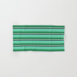 [ Thumbnail: Aquamarine, Sea Green, Lavender, and Black Colored Striped/Lined Pattern Hand & Bath Towel ]