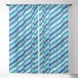 [ Thumbnail: Dark Turquoise, Powder Blue, Teal & Dark Blue Colored Striped/Lined Pattern Sheer Curtain ]