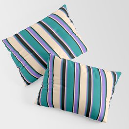 [ Thumbnail: Bisque, Black, Dark Cyan, and Purple Colored Striped Pattern Pillow Sham ]