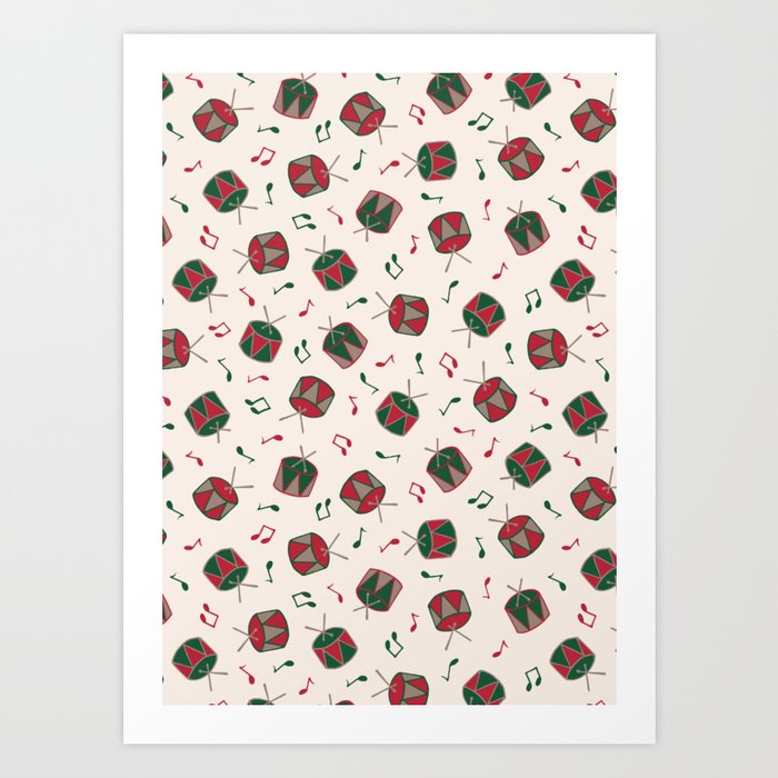 Christmas Drums and Music Pattern - Traditional Colors Art Print