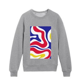 Modern Retro Liquid Swirl Abstract Pattern Square in Navy Blue Red Yellow White Kids Crewneck