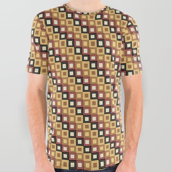 Vintage Art Deco Cube Pattern Gold Brown Retro Boho Aesthetic All Over Graphic Tee