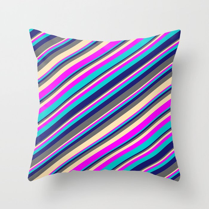 Midnight Blue, Dim Gray, Beige, Fuchsia, and Dark Turquoise Colored Lines/Stripes Pattern Throw Pillow