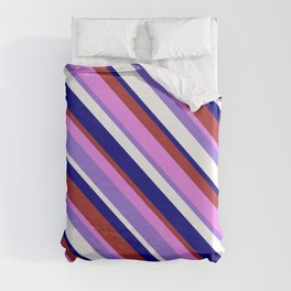 [ Thumbnail: Colorful Blue, Brown, Violet, Purple & White Colored Striped Pattern Duvet Cover ]