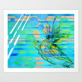 Coral Reef, Blue Sea and a Green Turtle in Ningaloo Art Print