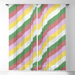 [ Thumbnail: Colorful Dark Green, Red, Plum, Yellow, and Mint Cream Colored Lined Pattern Sheer Curtain ]