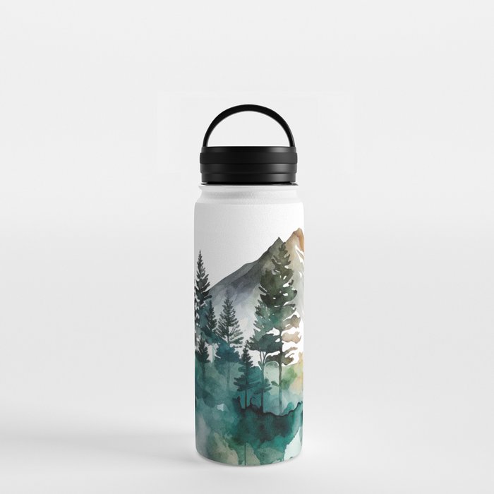 Forest Trees Mountains Nature Watercolor Water Bottle
