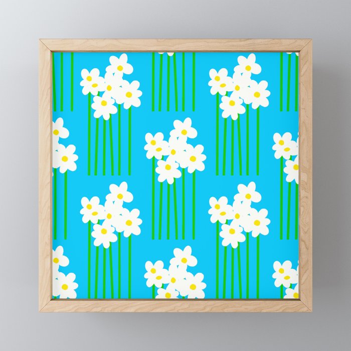 Tall Daisy Flowers Art Print Garden White Blooms With Bright Yellow And Green Stems On Turquoise Retro Scandi Modern Illustrated Floral Pattern Framed Mini Art Print