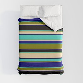 [ Thumbnail: Turquoise, Green, Beige, Blue & Black Colored Striped/Lined Pattern Duvet Cover ]