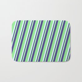 [ Thumbnail: Dark Slate Blue, Light Green & Light Cyan Colored Lined Pattern Bath Mat ]