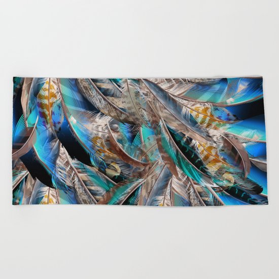 Fashion pattern with blue feathers. Trendy design Beach Towel