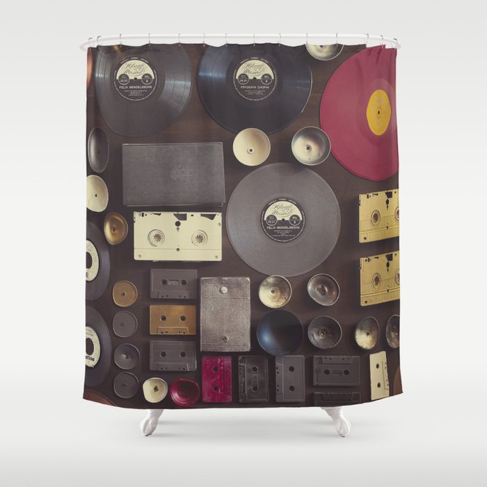 Music. Vintage wall with vinyl records and audio cassettes hung. Shower Curtain
