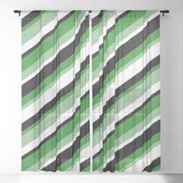 [ Thumbnail: Forest Green, Dark Sea Green, White & Black Colored Striped Pattern Sheer Curtain ]