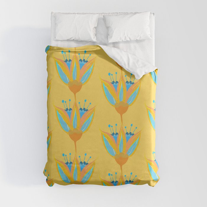 Abstract Colorful Floral Art Pattern in Turquoise and Yellow Duvet Cover