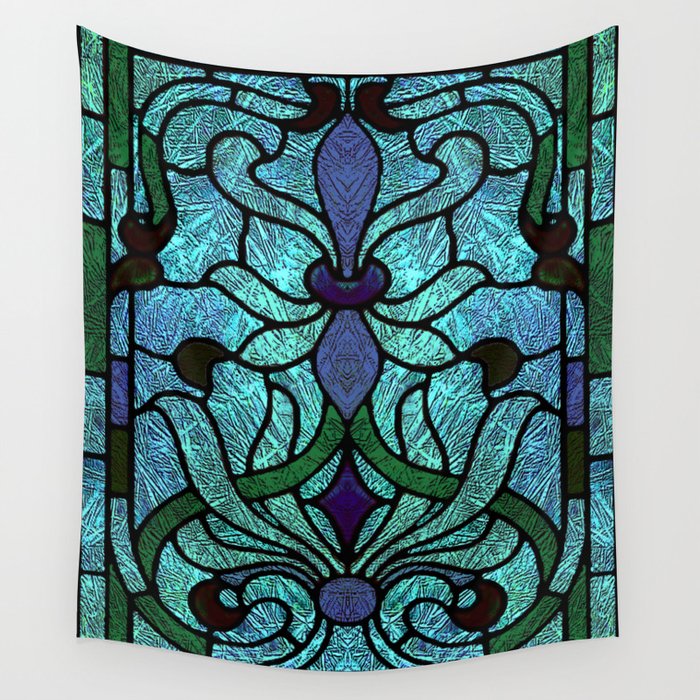 Aqua Green and Blue Art Nouveau Stained Glass Design Wall Tapestry
