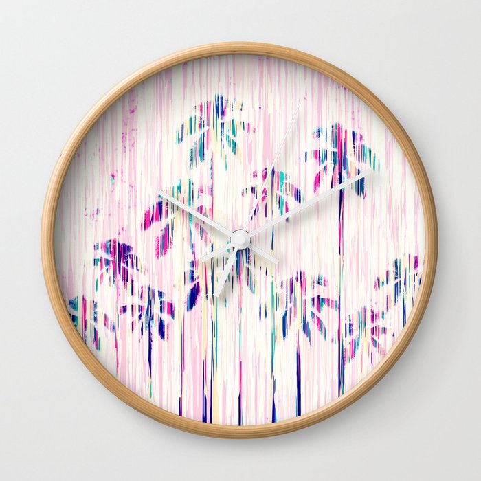 Girly Pink Teal Watercolor Dripping Palm Trees Wall Clock