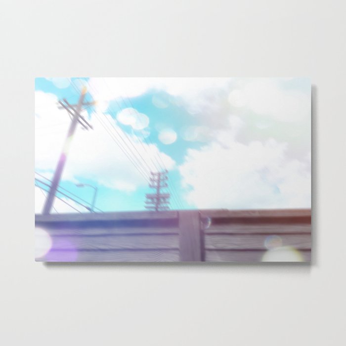 cloudy blue sky and electric pole and wood wall in the city Metal Print