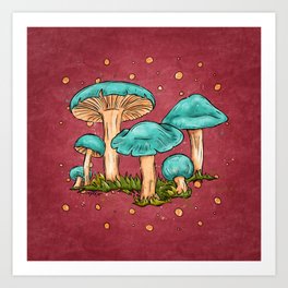Aqua blue mushrooms watercolor, whimsical fungi Art Print