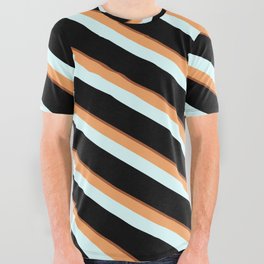 [ Thumbnail: Sienna, Brown, Light Cyan, and Black Colored Striped/Lined Pattern All Over Graphic Tee ]