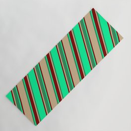 [ Thumbnail: Green, Maroon, Tan & Sea Green Colored Lined/Striped Pattern Yoga Mat ]