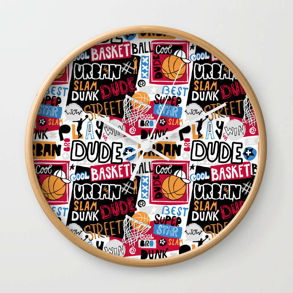 Basketball Pattern Cool Dude Wall Clock By Sportartgame Society6