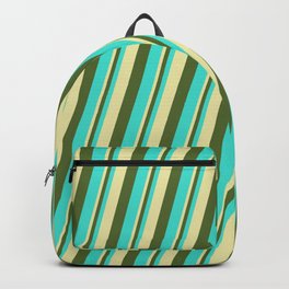[ Thumbnail: Pale Goldenrod, Dark Olive Green & Turquoise Colored Lines Pattern Backpack ]