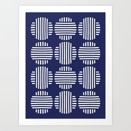 Circle Weave Pattern Navy Blue and White Boho Art Print