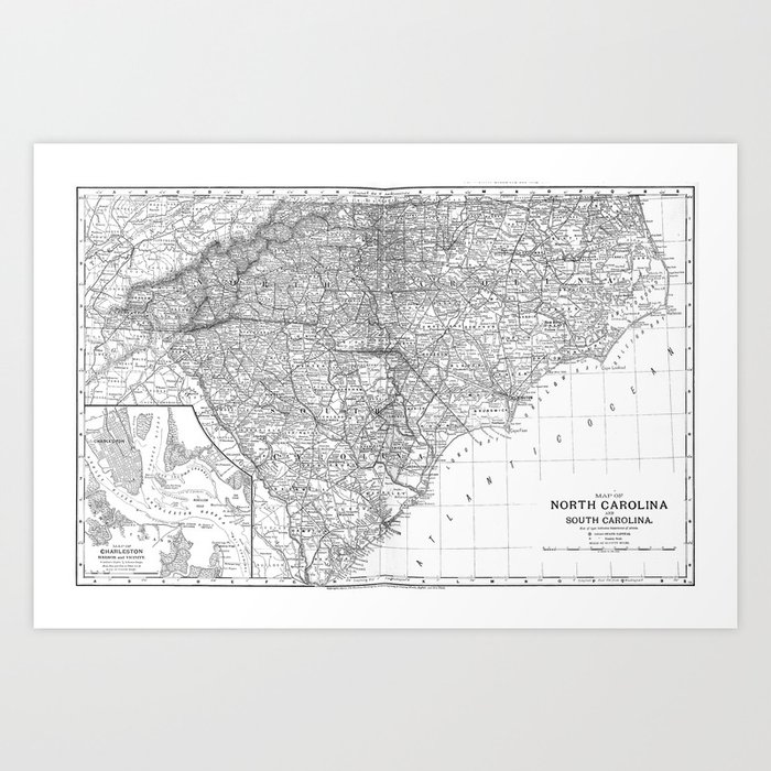 Vintage Map of The Carolinas (1891) BW Art Print