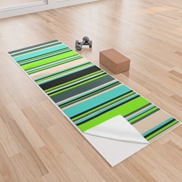 [ Thumbnail: Eyecatching Green, Dark Slate Gray, Bisque, Turquoise, and Black Colored Lined Pattern Yoga Towel ]