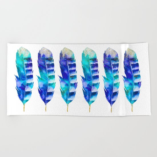 Blue Turquoise Watercolor Feather Art Beach Towel
