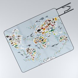 Cartoon animal world map for children and kids, Animals from all over the world, back to school Picnic Blanket