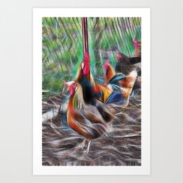 Rooster and hens in the chicken pen Art Print