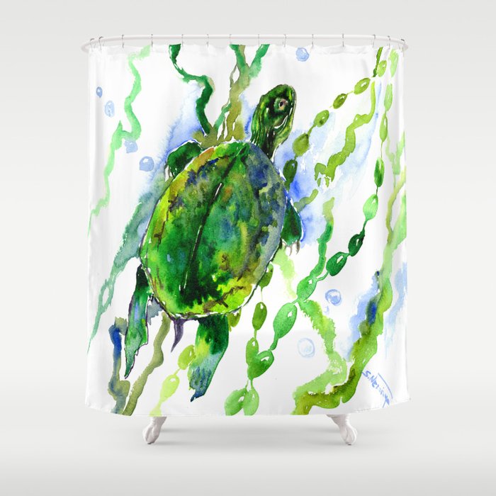 Green River Turtle Olive Green Wall Art Shower Curtain By Sureart