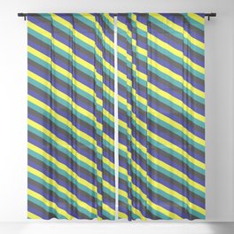 [ Thumbnail: Yellow, Dark Cyan, Black, and Blue Colored Pattern of Stripes Sheer Curtain ]