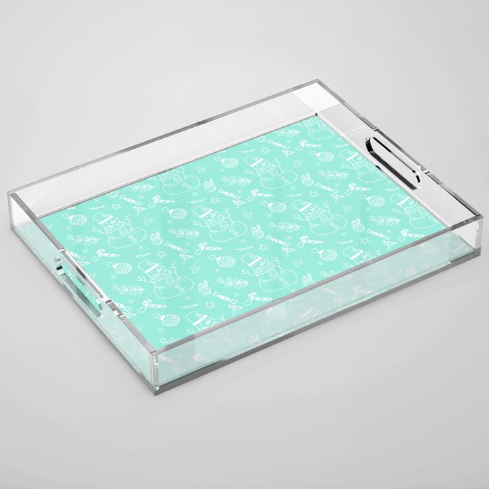 Seafoam and White Christmas Snowman Doodle Pattern Acrylic Tray