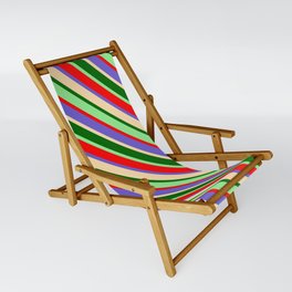 [ Thumbnail: Eye-catching Red, Slate Blue, Tan, Dark Green & Light Green Colored Stripes/Lines Pattern Sling Chair ]