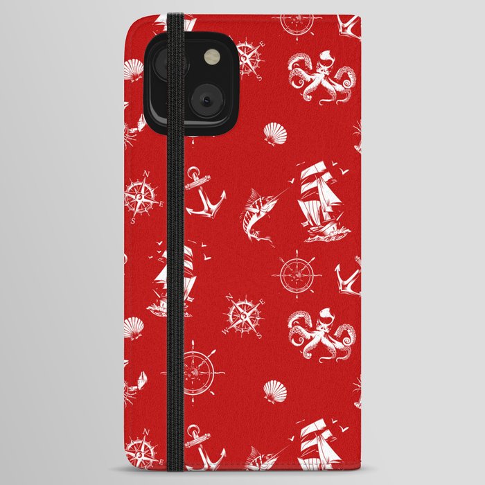 Red And White Silhouettes Of Vintage Nautical Pattern iPhone Wallet Case