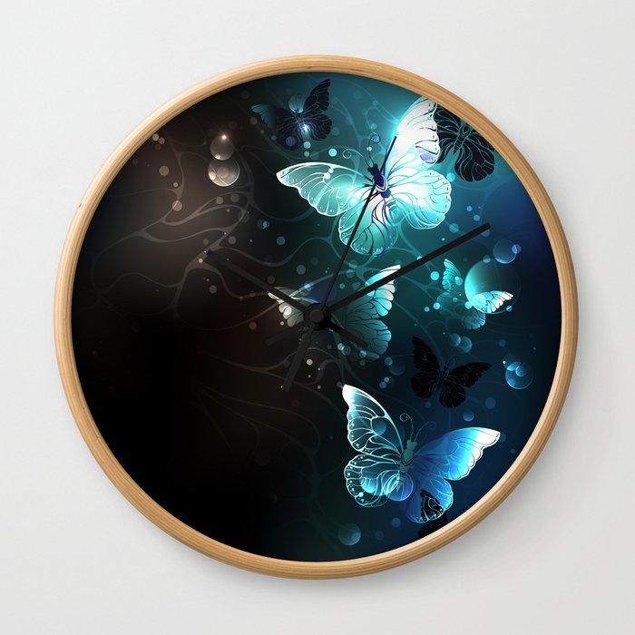 Mint Night Butterflies Wall Clock