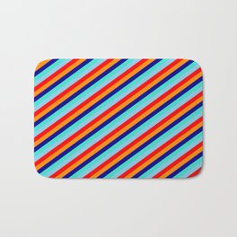 [ Thumbnail: Vibrant Sky Blue, Red, Dark Orange, Dark Blue, and Turquoise Colored Striped/Lined Pattern Bath Mat ]