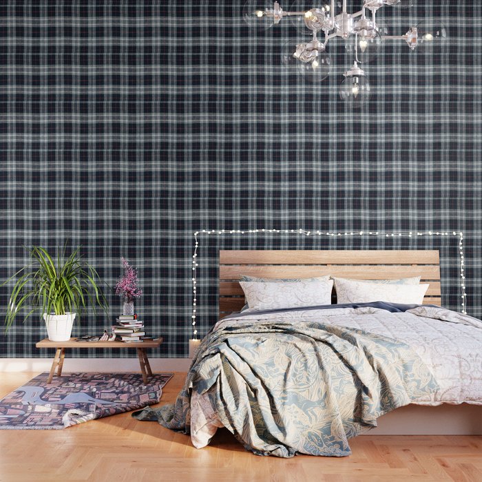 Plaid Fabric Texture in Black and Charcoal with Red  Wallpaper