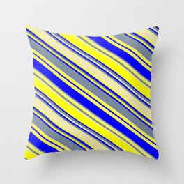 [ Thumbnail: Light Slate Gray, Pale Goldenrod, Yellow, and Blue Colored Striped Pattern Throw Pillow ]