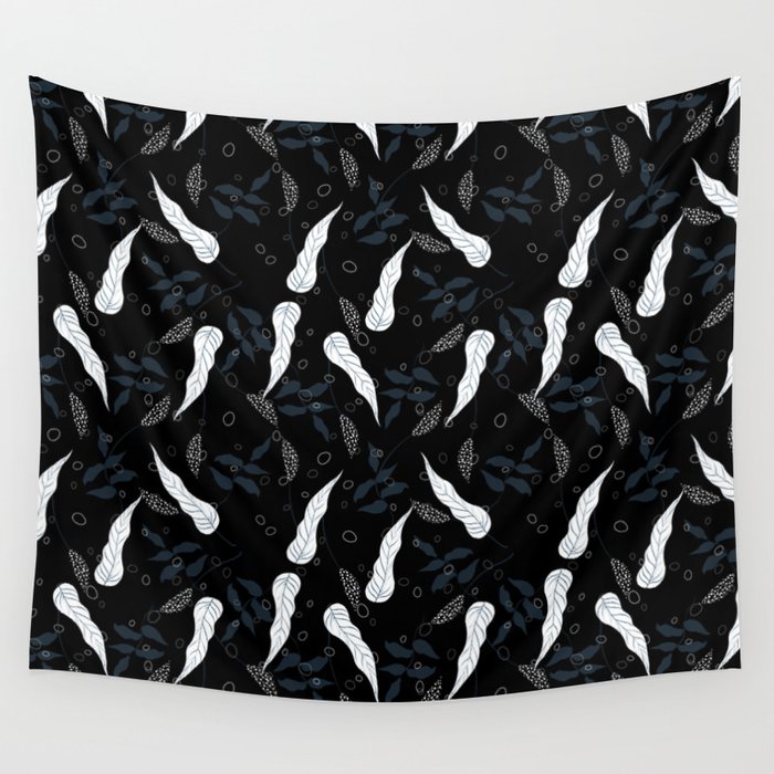 Leaf Pattern On Black Background Wall Tapestry