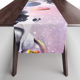 Space Cat Cow Unicorn Riding, Rainbow Laser Eyes Table Runner
