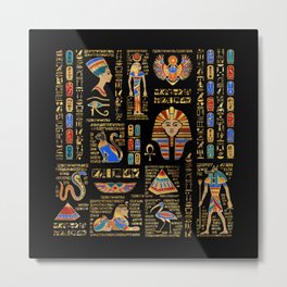 Egyptian hieroglyphs and deities on black Metal Print | Anubis, Ankh, Mythology, Deities, Nefertiti, Cobra, Gold, Egypt, Sphinx, Egyptiandecor 