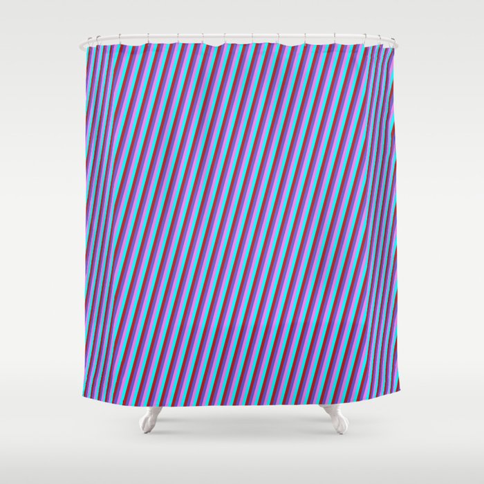 Slate Blue, Violet, Cyan, and Red Colored Lines Pattern Shower Curtain