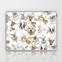 Watercolor black white brown forest animals green foliage floral  Laptop Skin