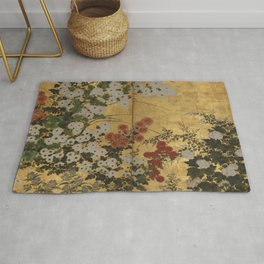 Red White Chrysanthemums Vintage Floral Japanese Gold Leaf Screen Area & Throw Rug