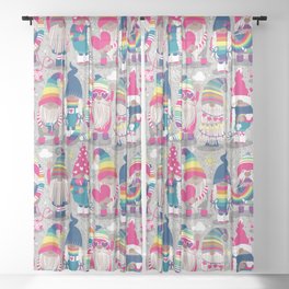 I gnome you // grey background little happy and lovely gnomes with rainbows fuchsia pink hearts Sheer Curtain
