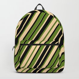 [ Thumbnail: Green, Tan & Black Colored Stripes/Lines Pattern Backpack ]